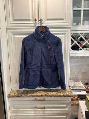 Lilly Pulitzer Navy Maddie Plush Fleece Full Zip Jacket with Pink Palm Tree Logo